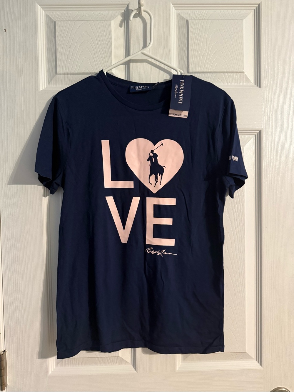 Pink Pony Ralph Lauren LOVE Pink Pony Walk Graphic T-Shirt Navy Size Small NWT